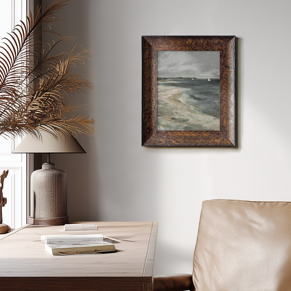Misty Beach With A Small Sailboat