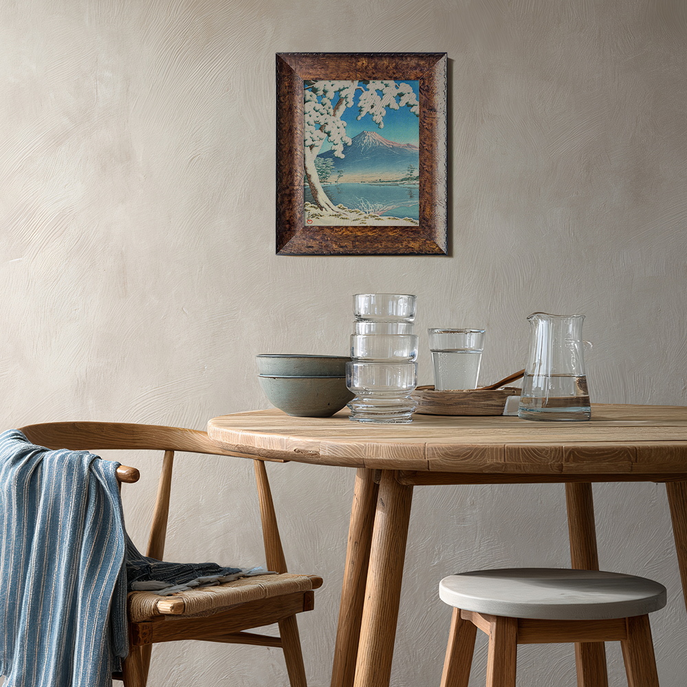 Snowy Tree Framing Mount Fuji across Lake