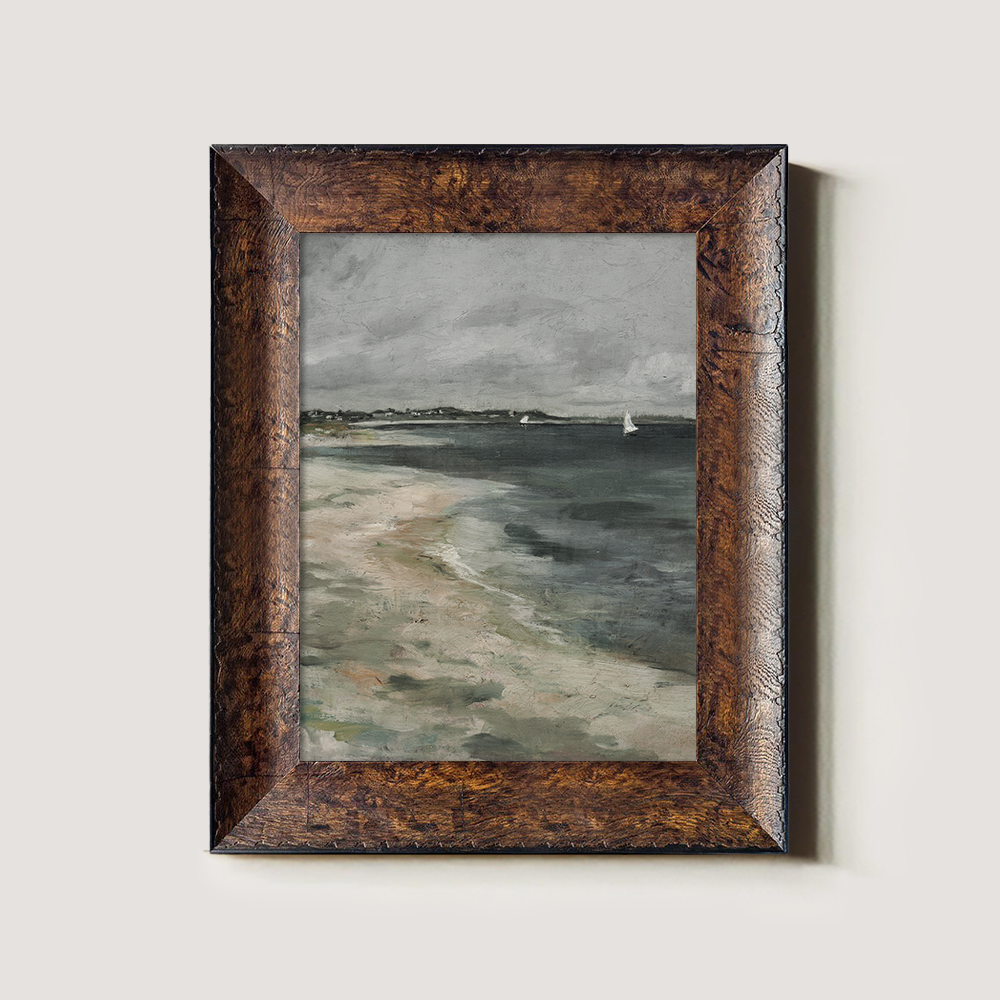 Misty Beach With A Small Sailboat