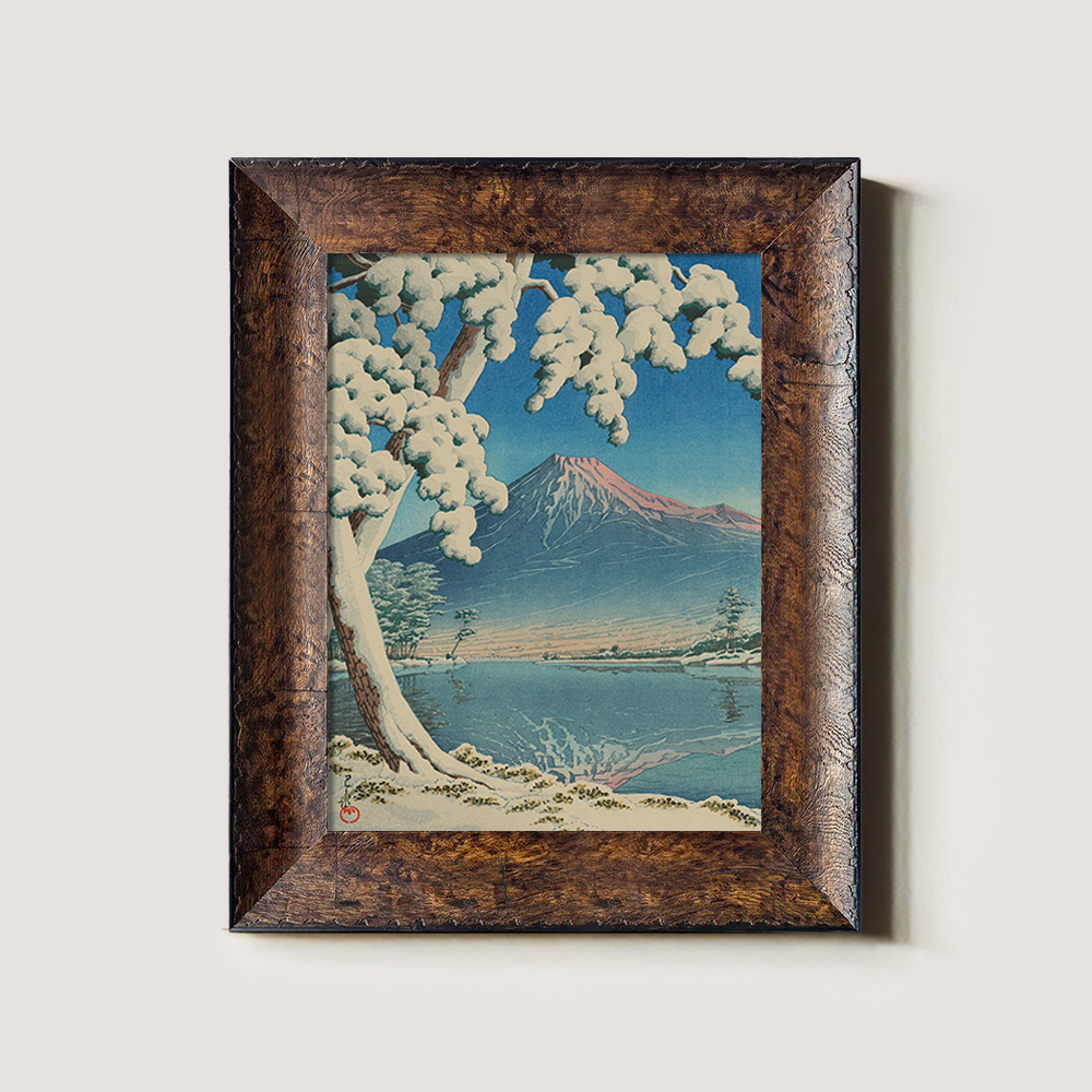 Snowy Tree Framing Mount Fuji across Lake