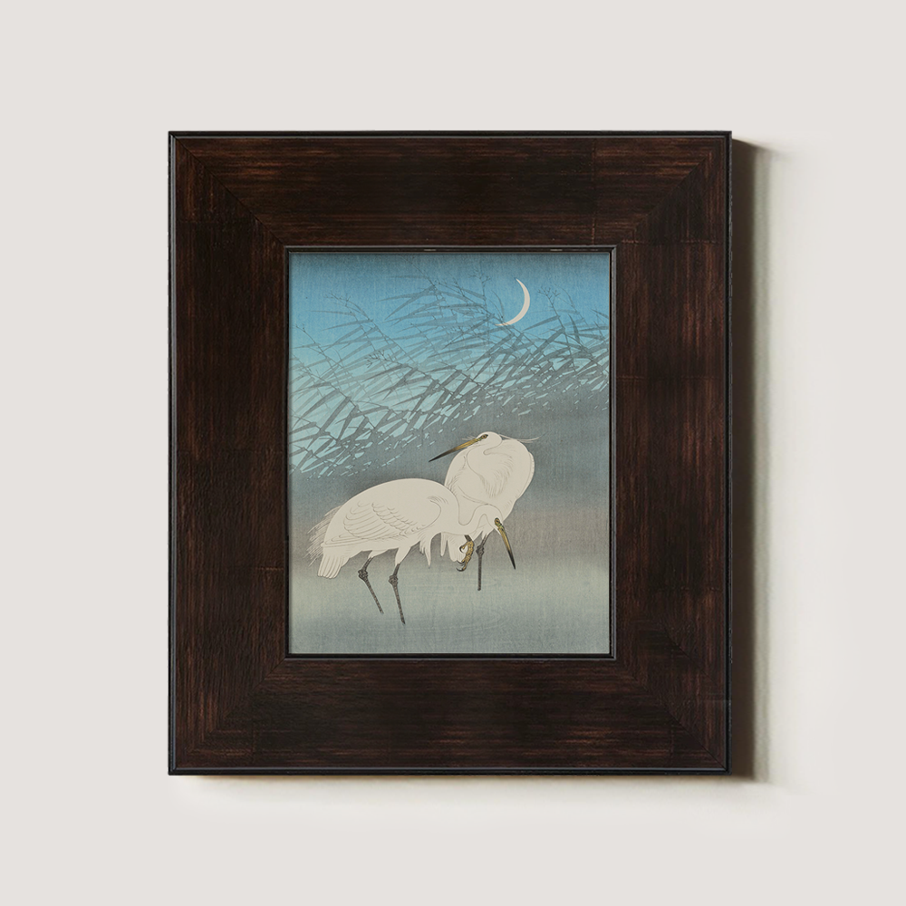 Moonlit Egrets in Reeds - Japanese Woodblock Reproduction