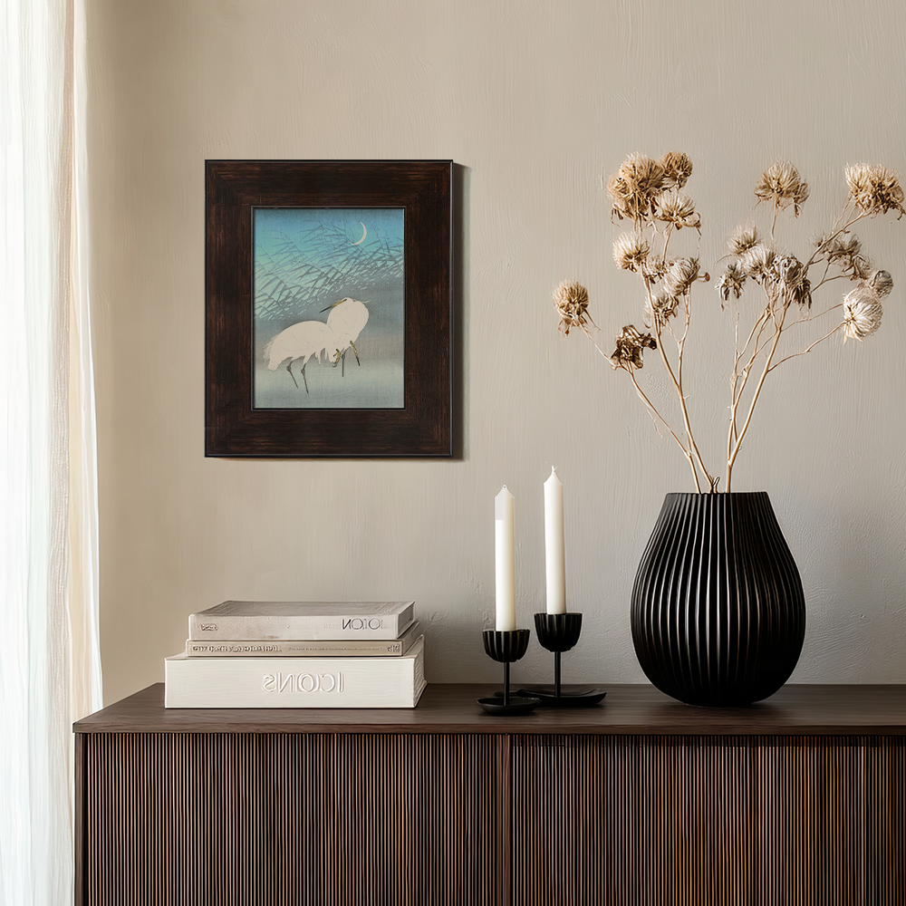 Moonlit Egrets in Reeds - Japanese Woodblock Reproduction