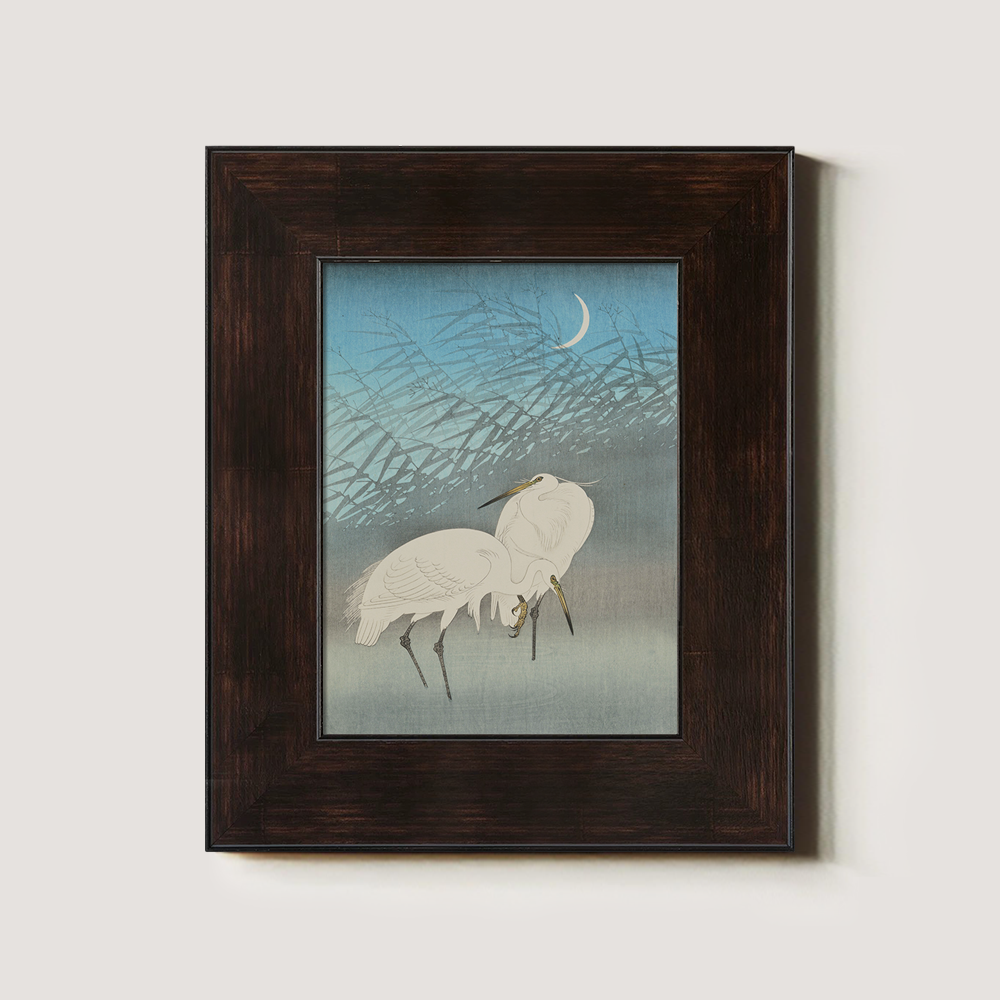 Moonlit Egrets in Reeds - Japanese Woodblock Reproduction