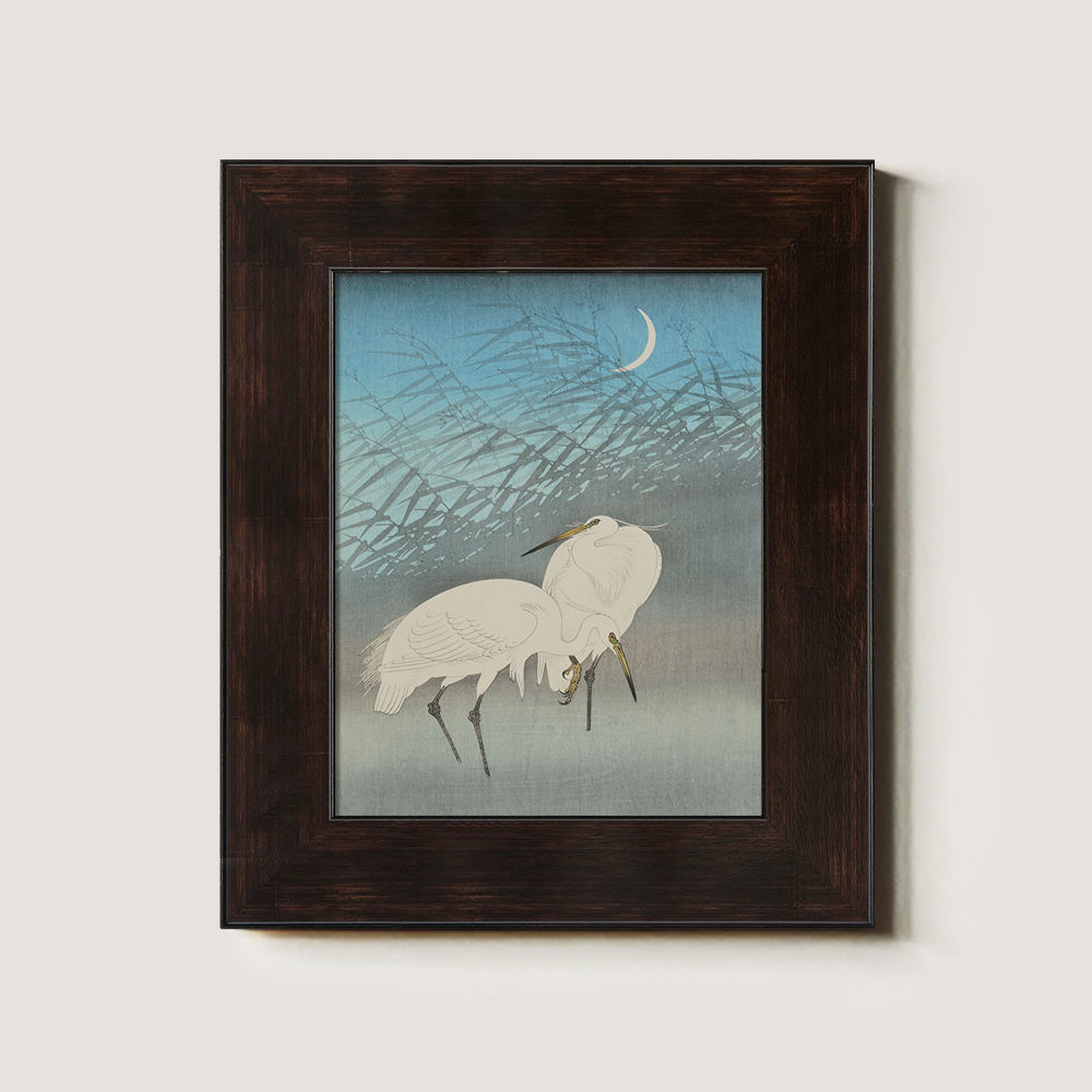 Moonlit Egrets in Reeds - Japanese Woodblock Reproduction