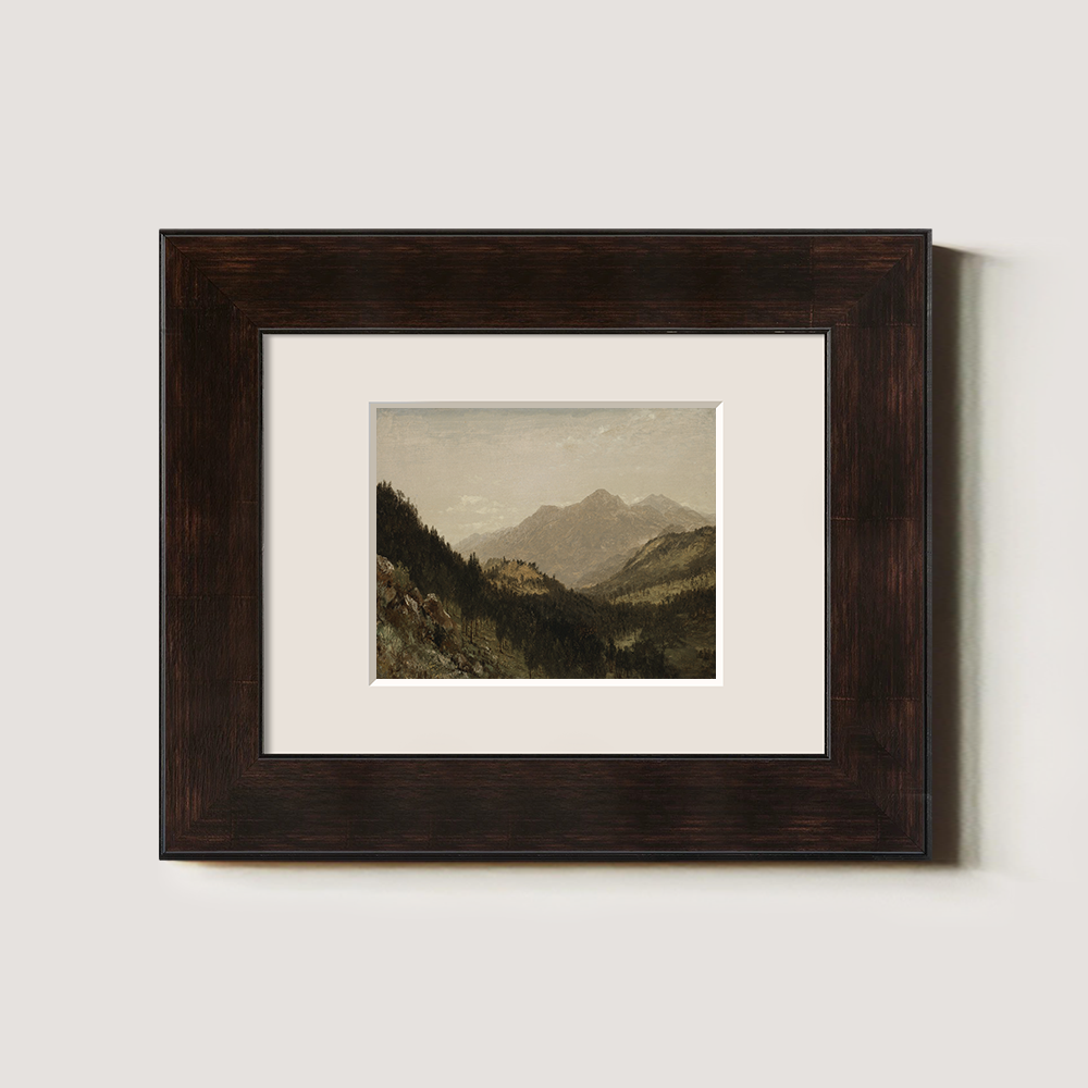 Misty Alpine Valley with Towering Peaks and Dense Firs