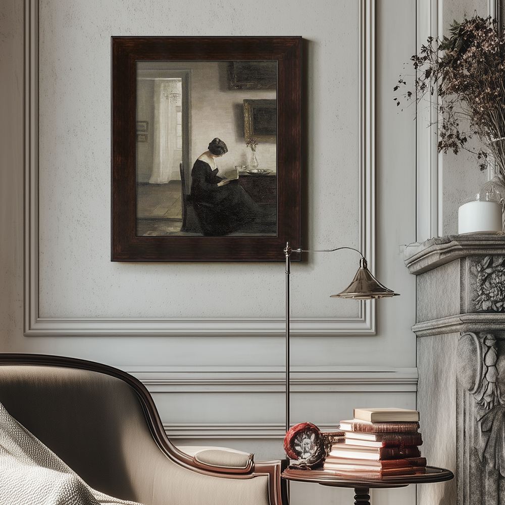 Introspective Woman Reading in Sunlit Parlor