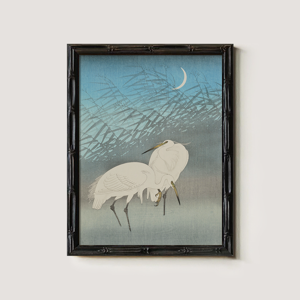 Moonlit Egrets in Reeds - Japanese Woodblock Reproduction