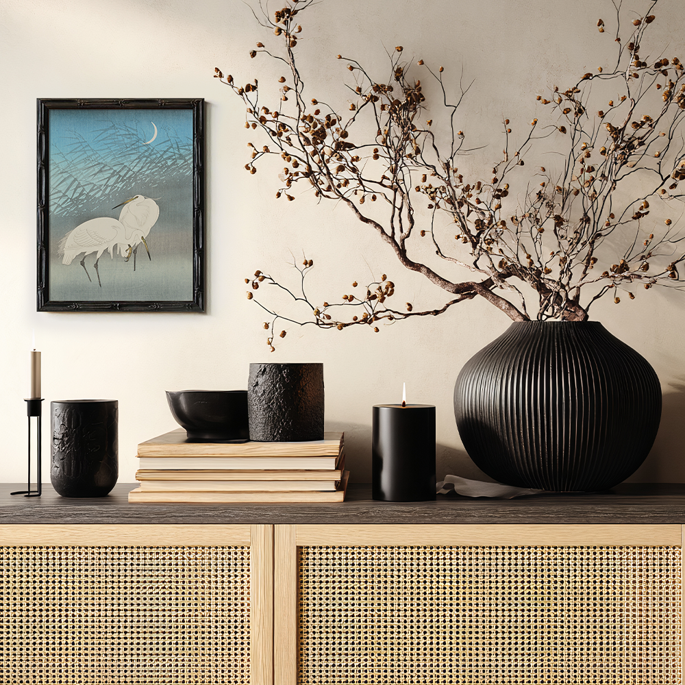 Moonlit Egrets in Reeds - Japanese Woodblock Reproduction