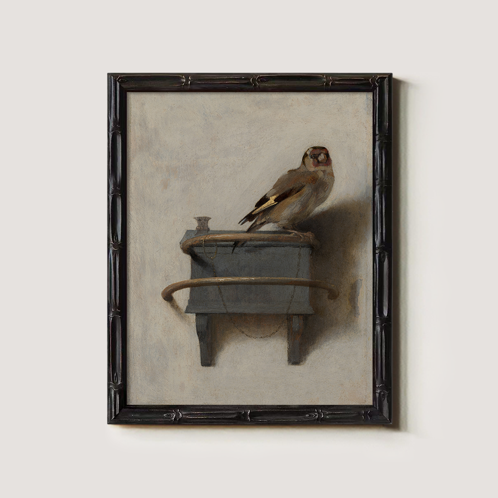 Perched Goldfinch on Ornate Wooden Shelf