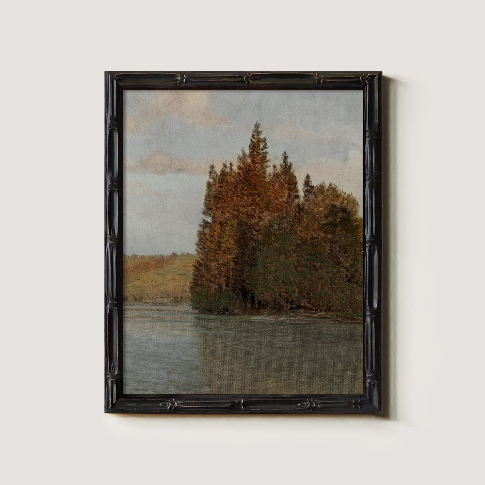 Serene Autumn Pine Lakeside Watercolor Reverie