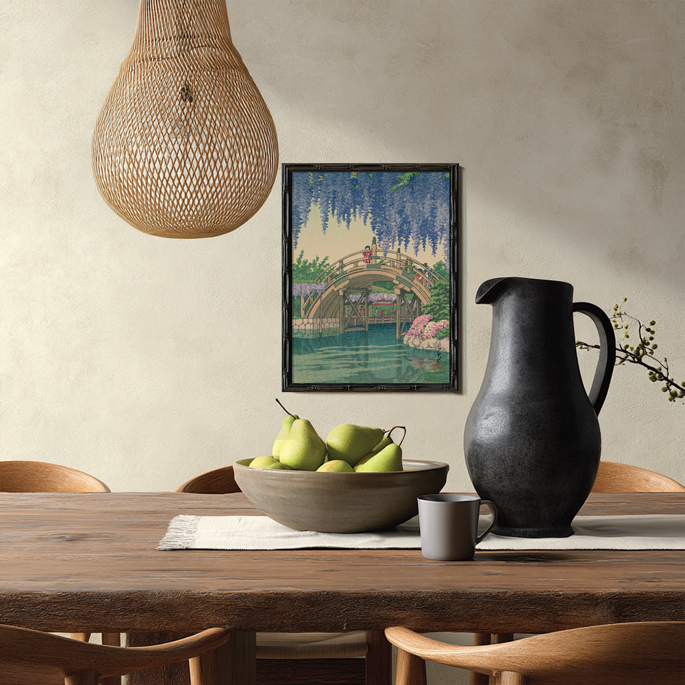 Wisteria Blossoms over Curved Drum Bridge