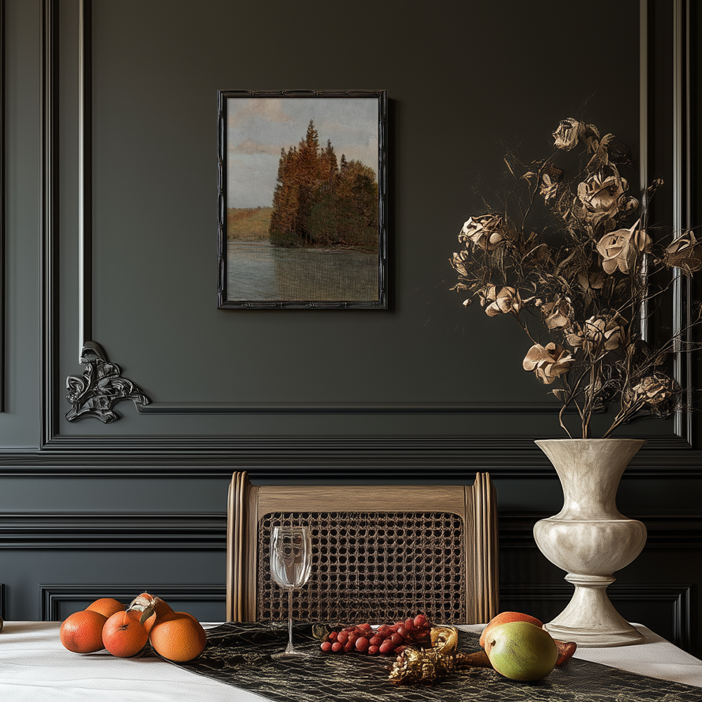 Serene Autumn Pine Lakeside Watercolor Reverie