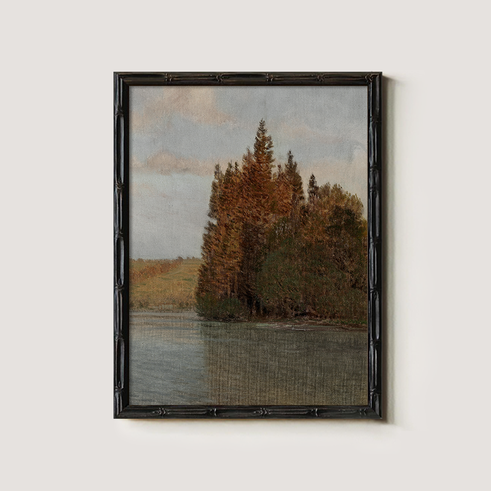 Serene Autumn Pine Lakeside Watercolor Reverie