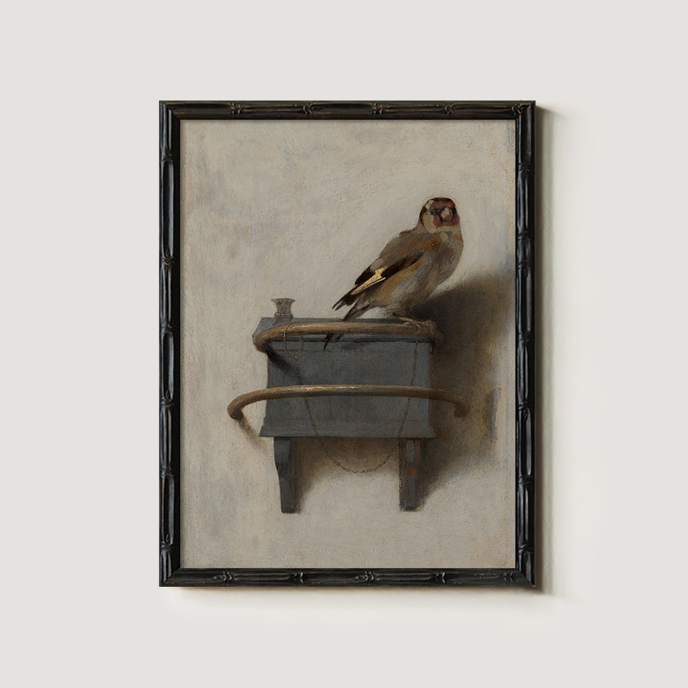 Perched Goldfinch on Ornate Wooden Shelf