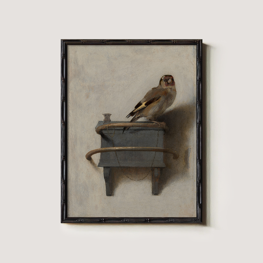 Perched Goldfinch on Ornate Wooden Shelf