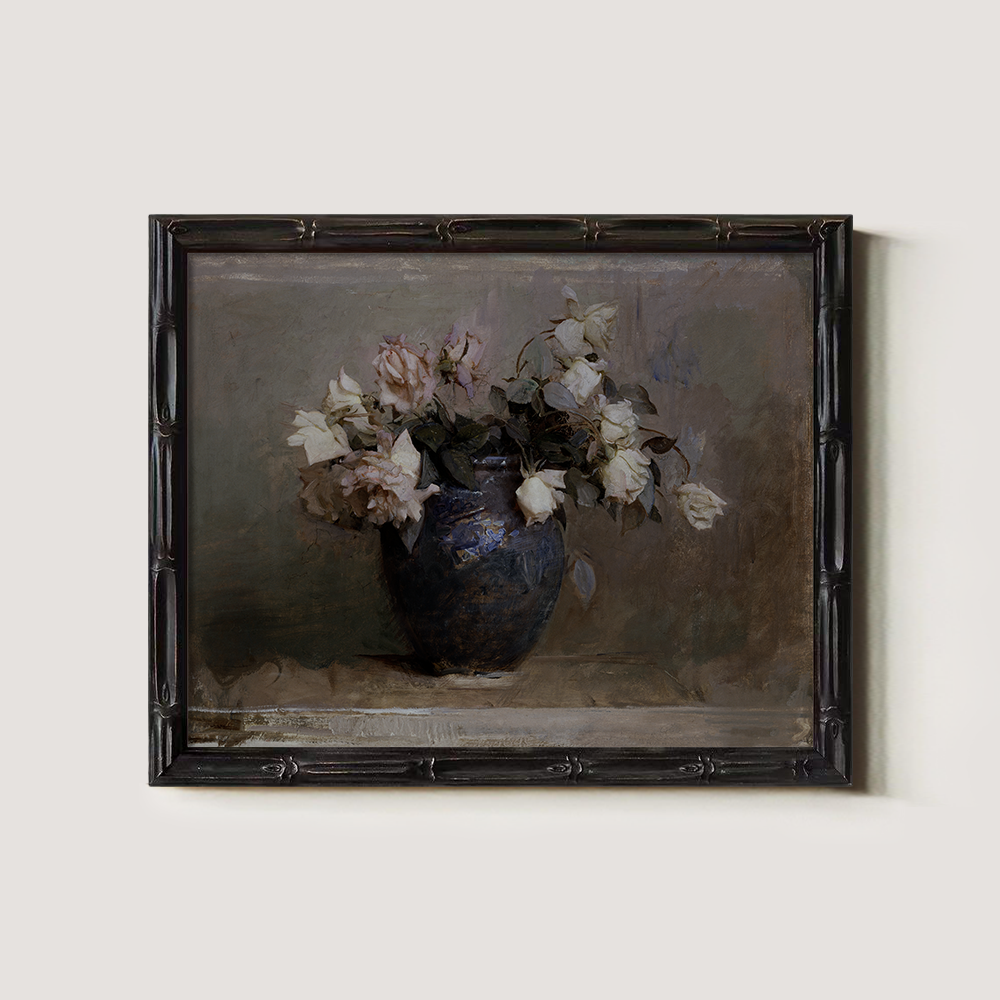 Vintage White Roses in Blue Vase