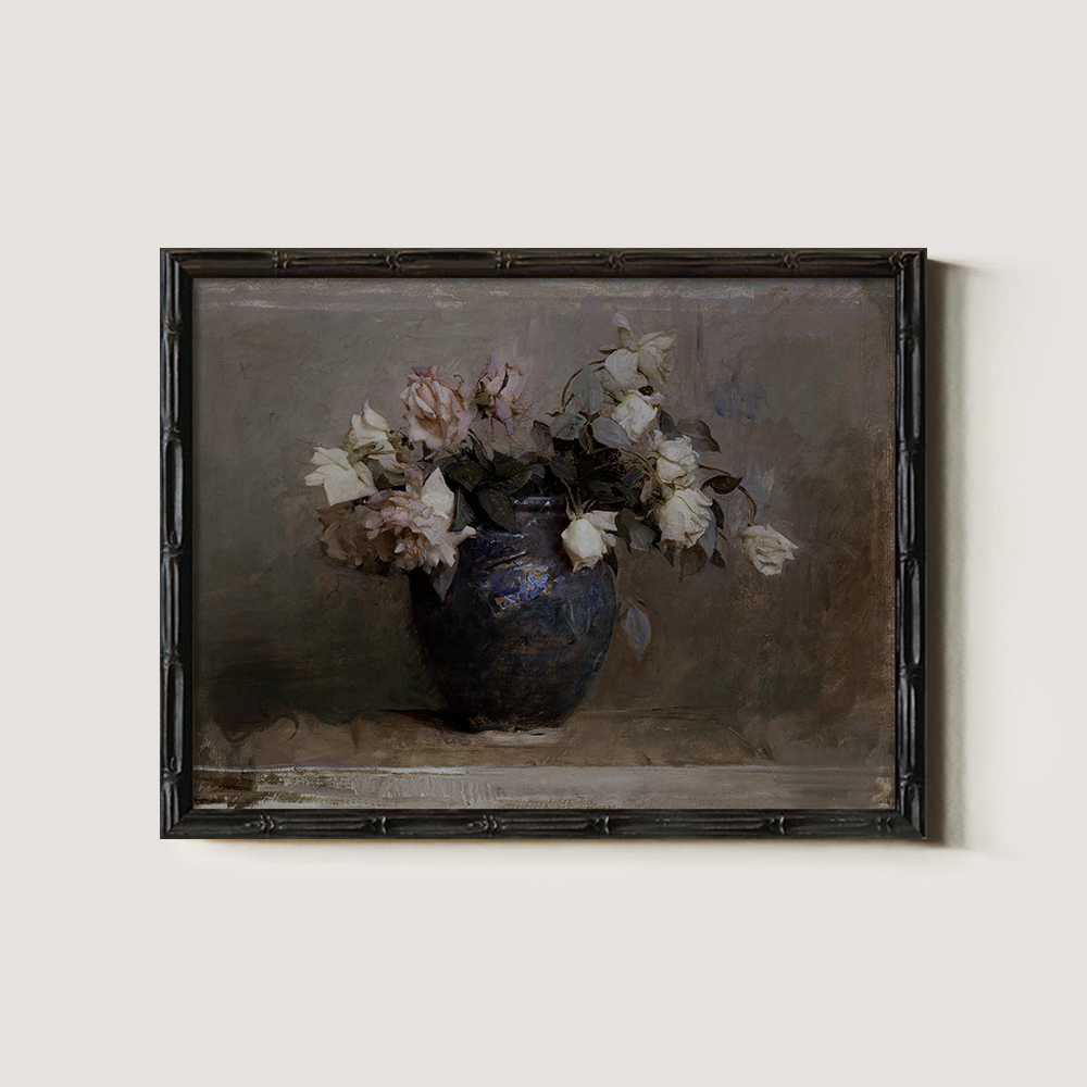 Vintage White Roses in Blue Vase