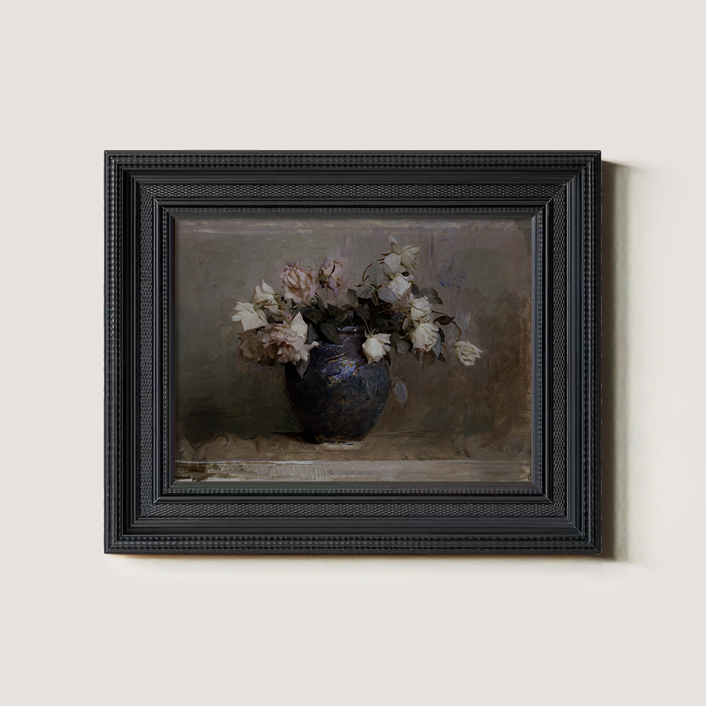 Vintage White Roses in Blue Vase