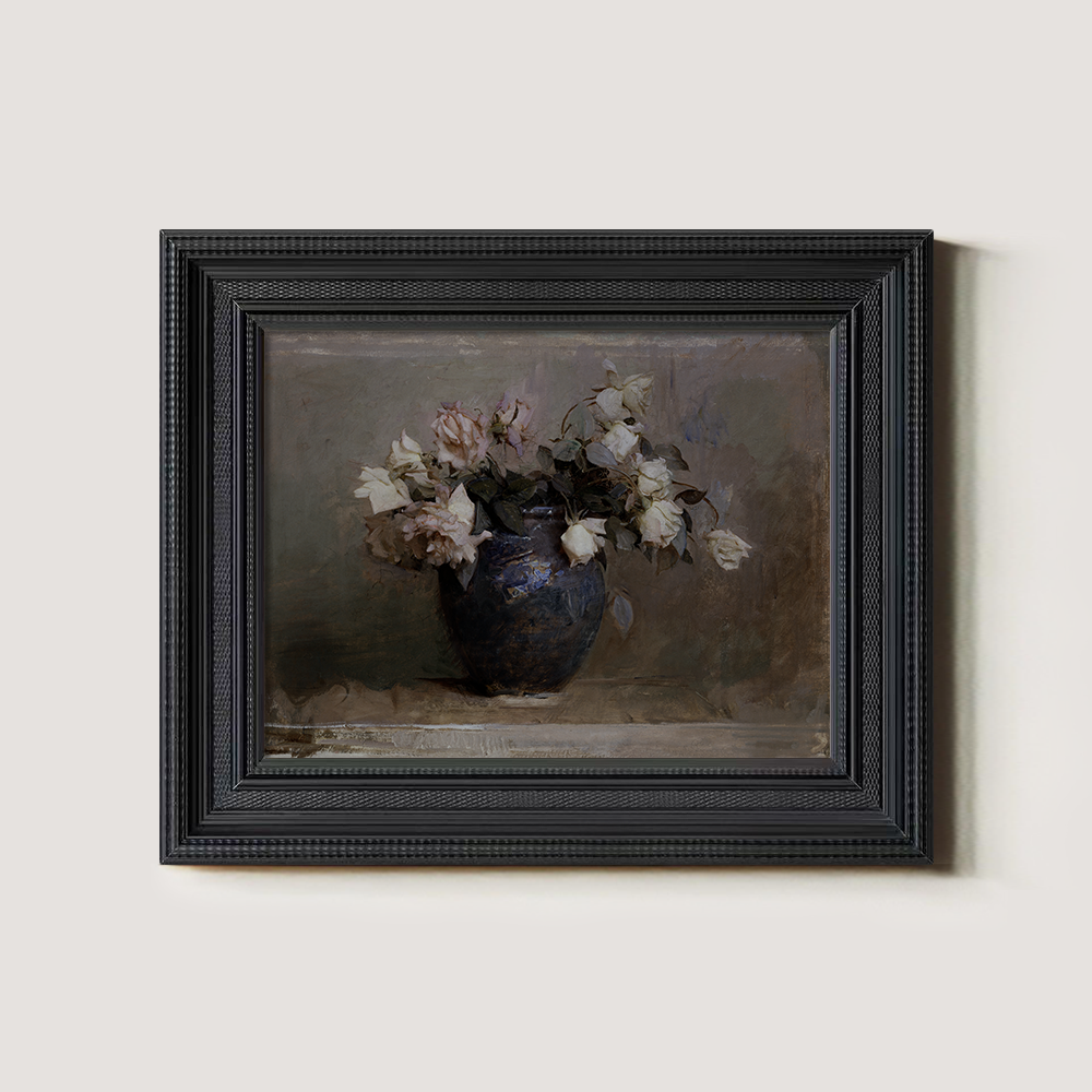 Vintage White Roses in Blue Vase