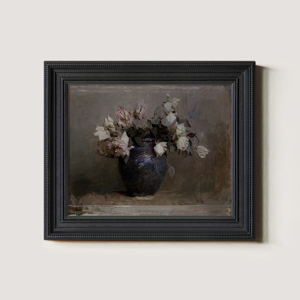 Vintage White Roses in Blue Vase