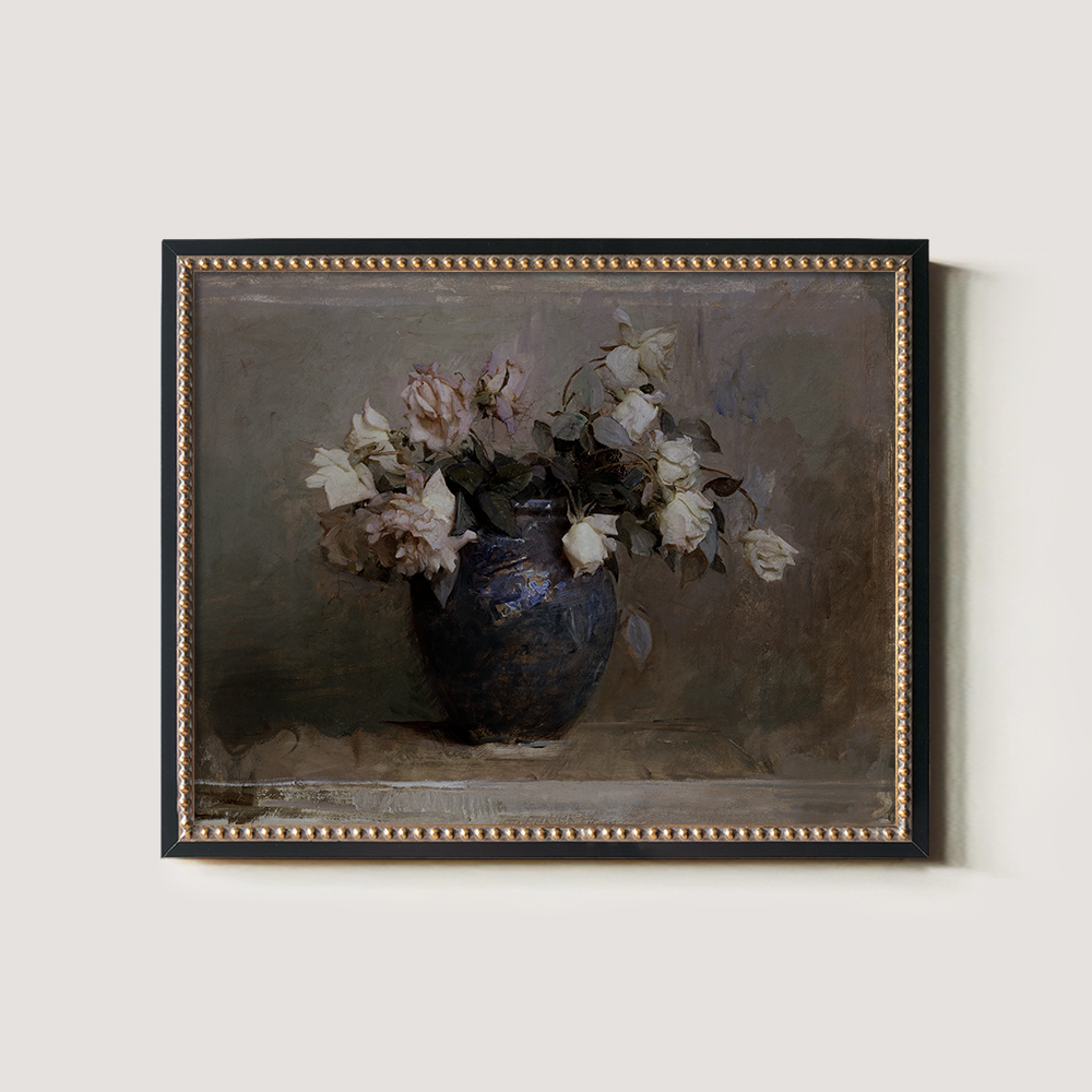 Vintage White Roses in Blue Vase