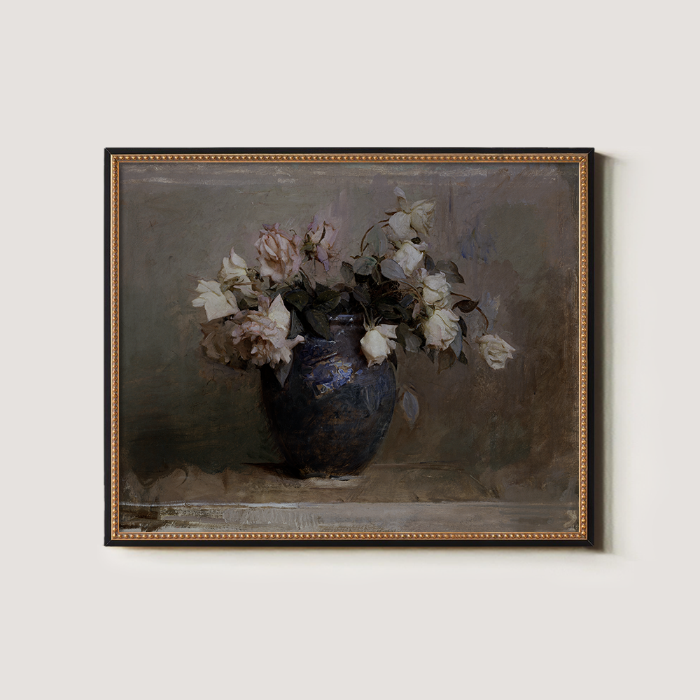 Vintage White Roses in Blue Vase