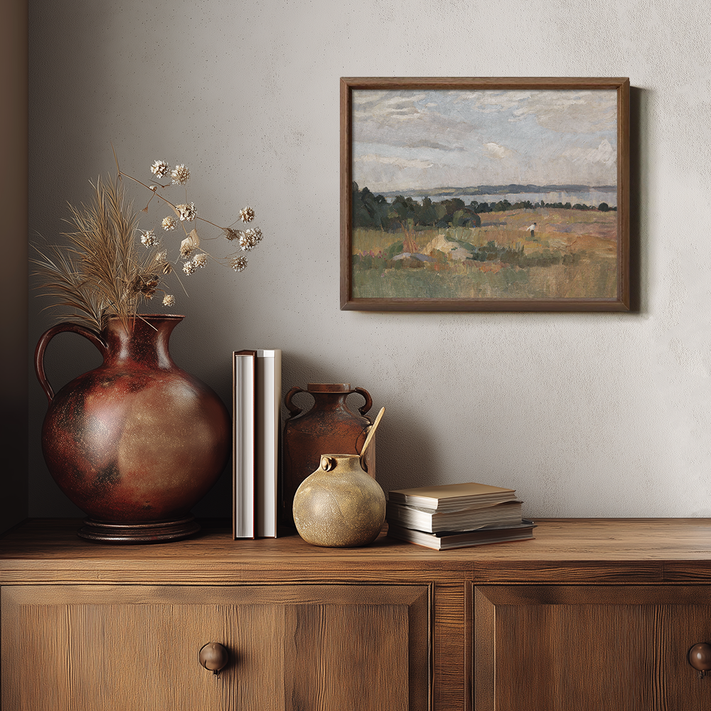 Serene Pastoral Field With Distant Water