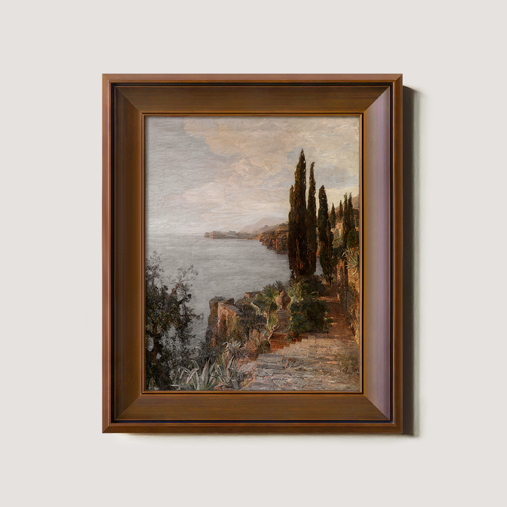 Cypress Cliffside Path Watercolor Seascape