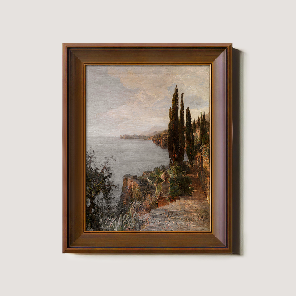 Cypress Cliffside Path Watercolor Seascape