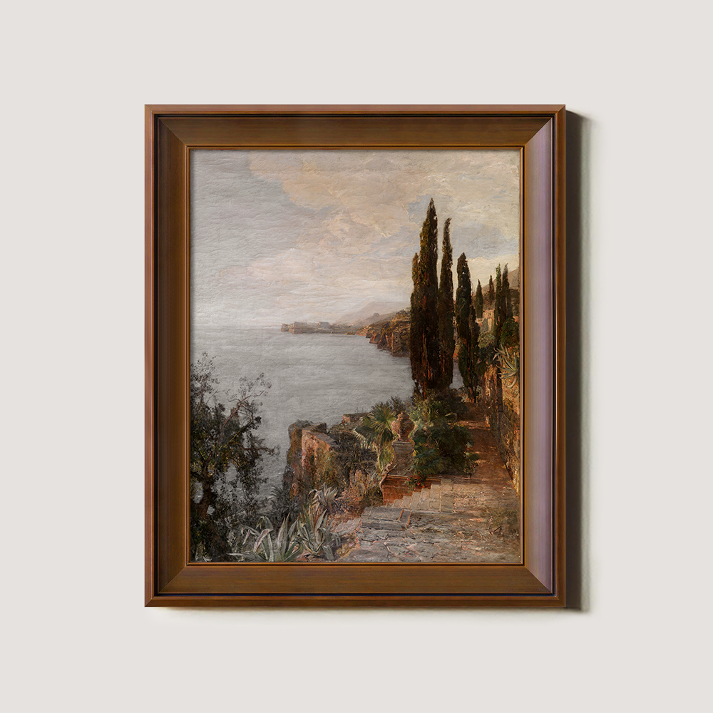 Cypress Cliffside Path Watercolor Seascape
