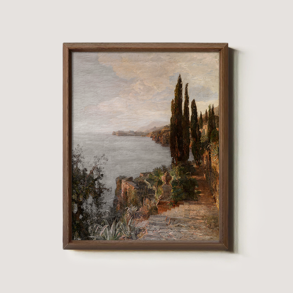 Cypress Cliffside Path Watercolor Seascape