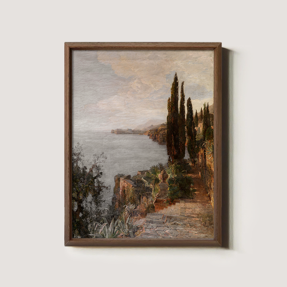Cypress Cliffside Path Watercolor Seascape