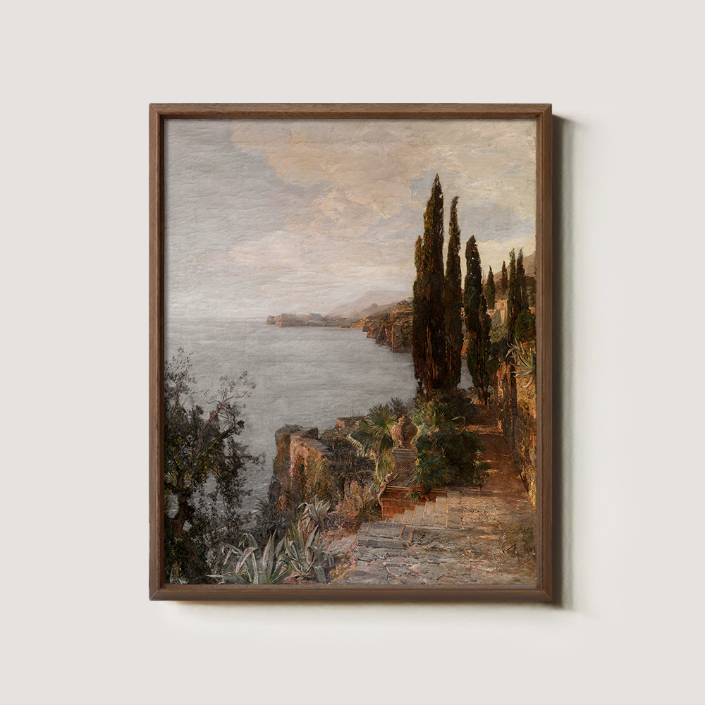 Cypress Cliffside Path Watercolor Seascape