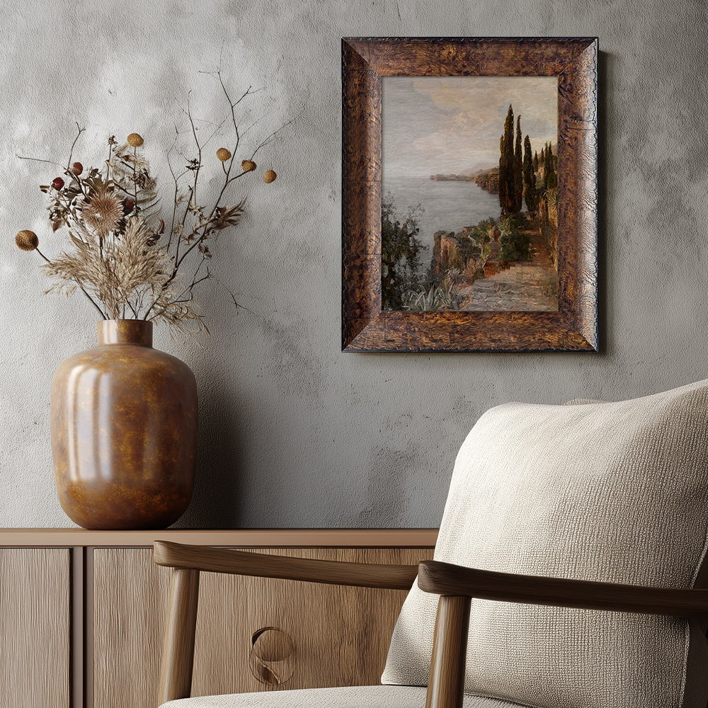 Cypress Cliffside Path Watercolor Seascape