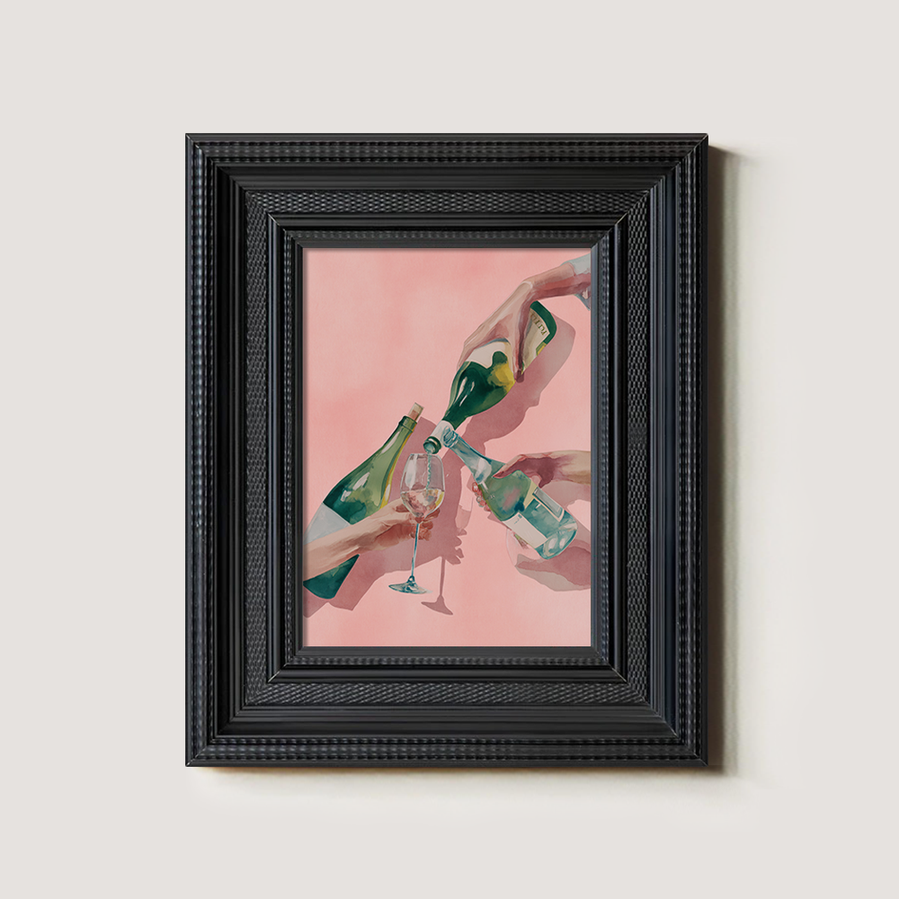 Watercolor Toast: Three Hands with Bottles and Glass