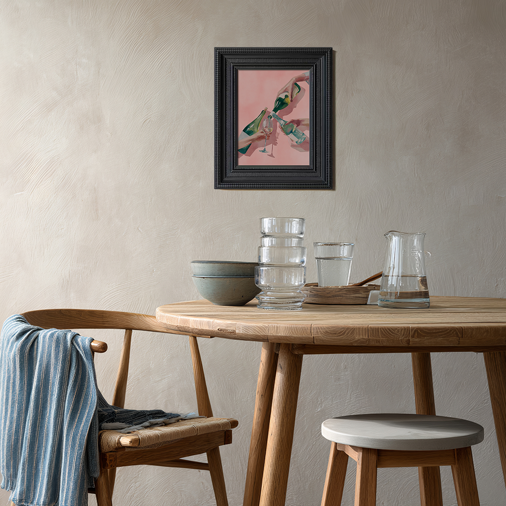 Watercolor Toast: Three Hands with Bottles and Glass