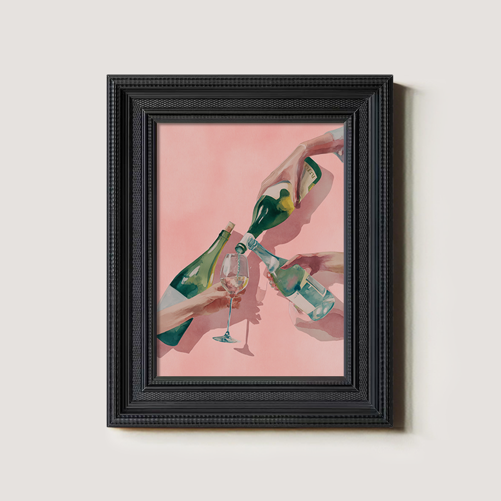 Watercolor Toast: Three Hands with Bottles and Glass