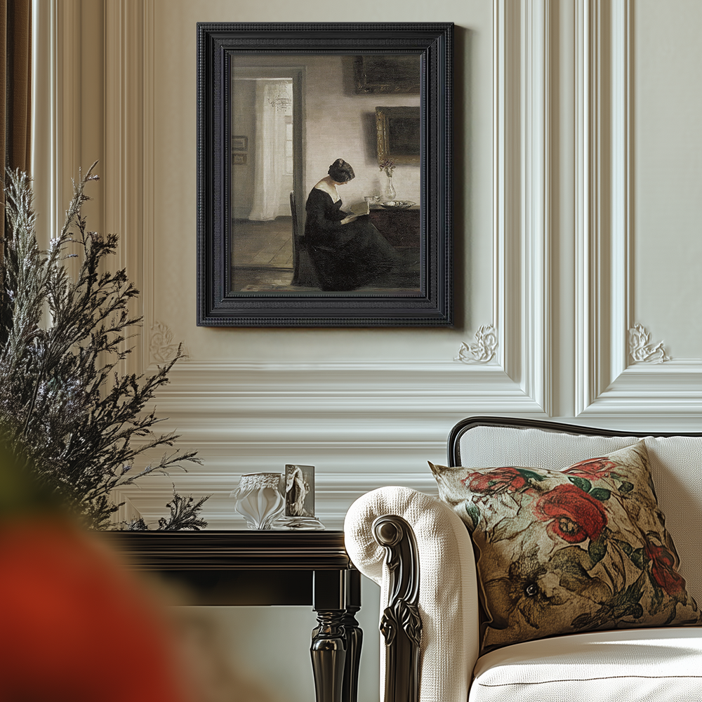 Introspective Woman Reading in Sunlit Parlor