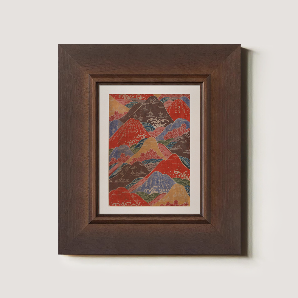 Patterned Japanese Landscape with Waves and Mountains