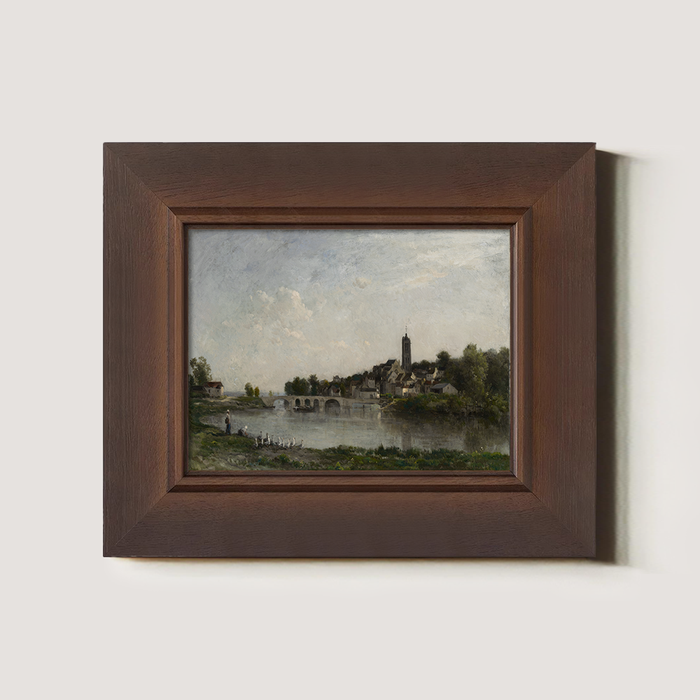 Serene Riverside Village with Arched Bridge and Tower