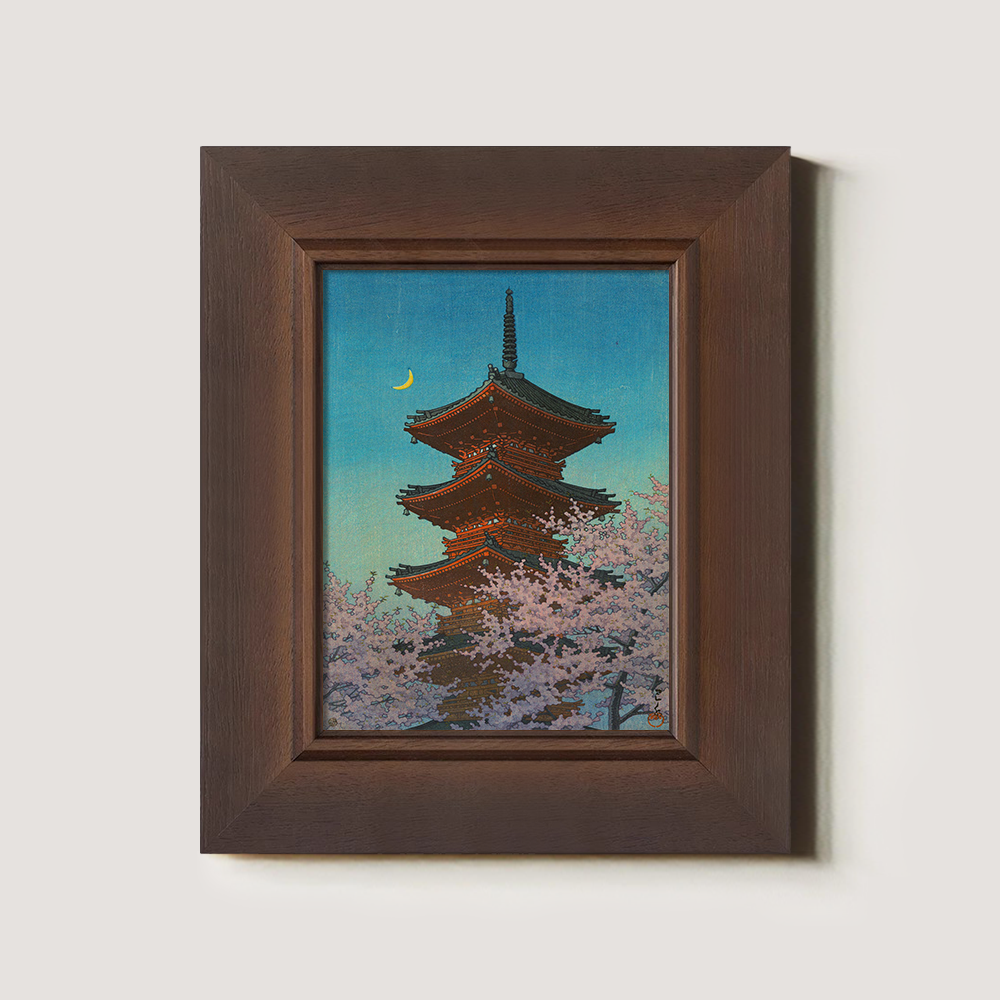 Pagoda under Crescent Moon and Cherry Blossoms