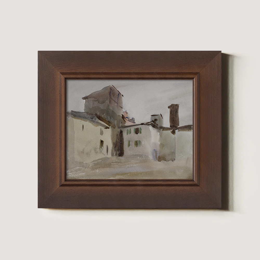 Rustic Tuscan Rooftops Watercolor Vignette