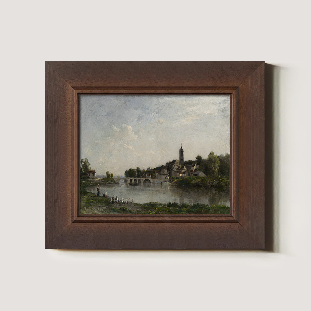 Serene Riverside Village with Arched Bridge and Tower