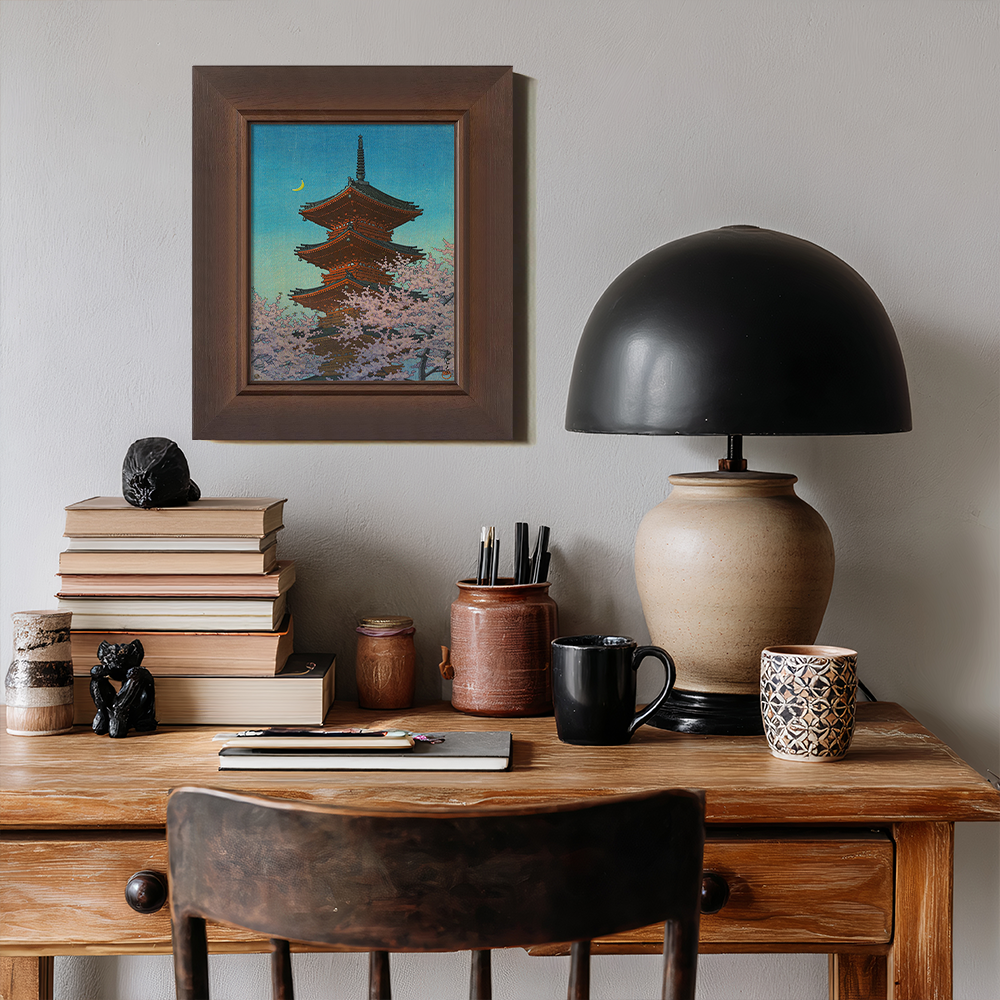Pagoda under Crescent Moon and Cherry Blossoms