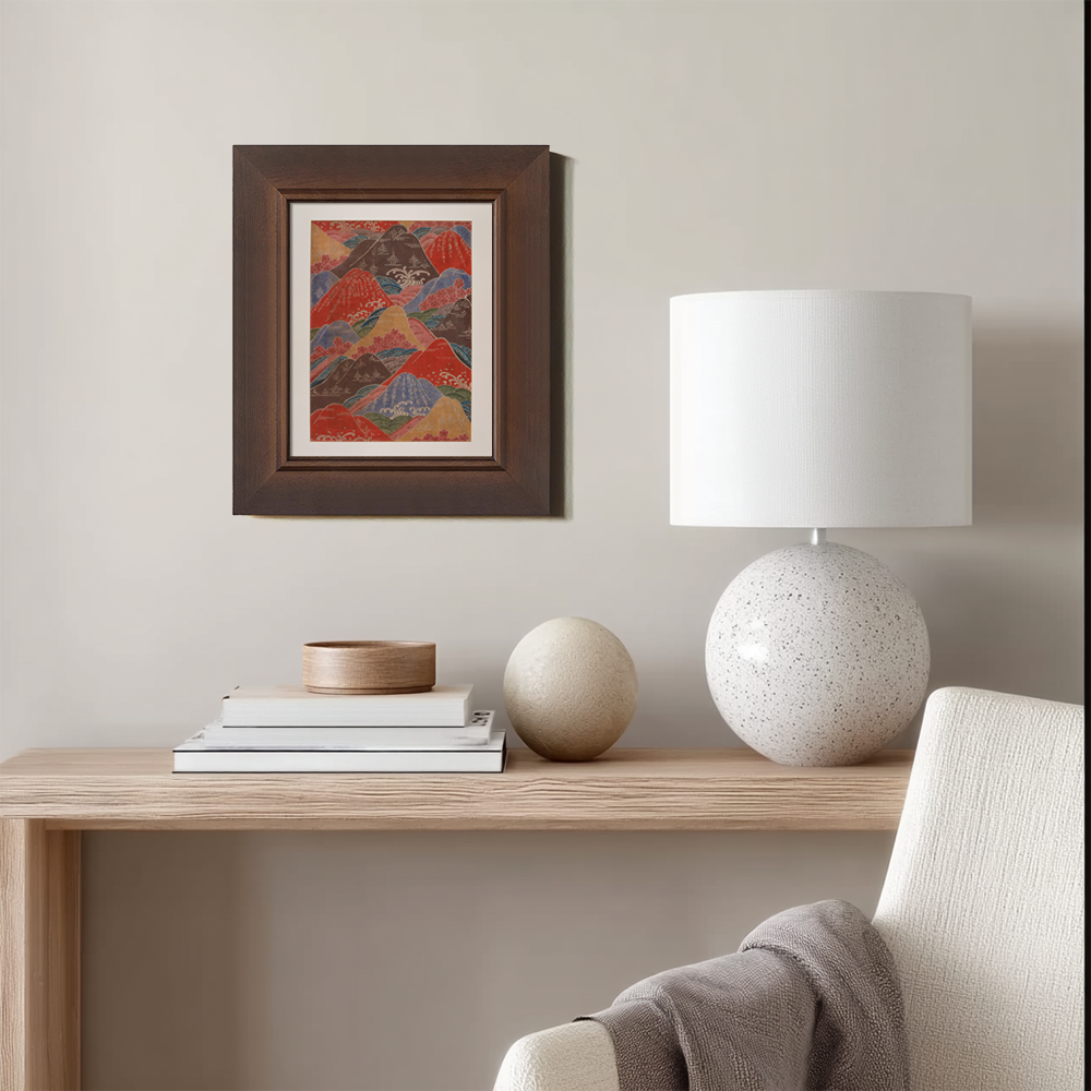 Patterned Japanese Landscape with Waves and Mountains