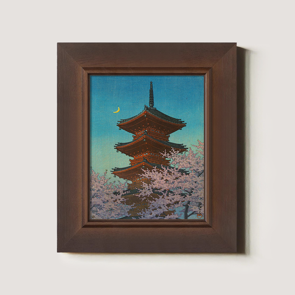 Pagoda under Crescent Moon and Cherry Blossoms
