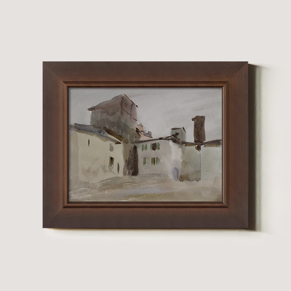 Rustic Tuscan Rooftops Watercolor Vignette