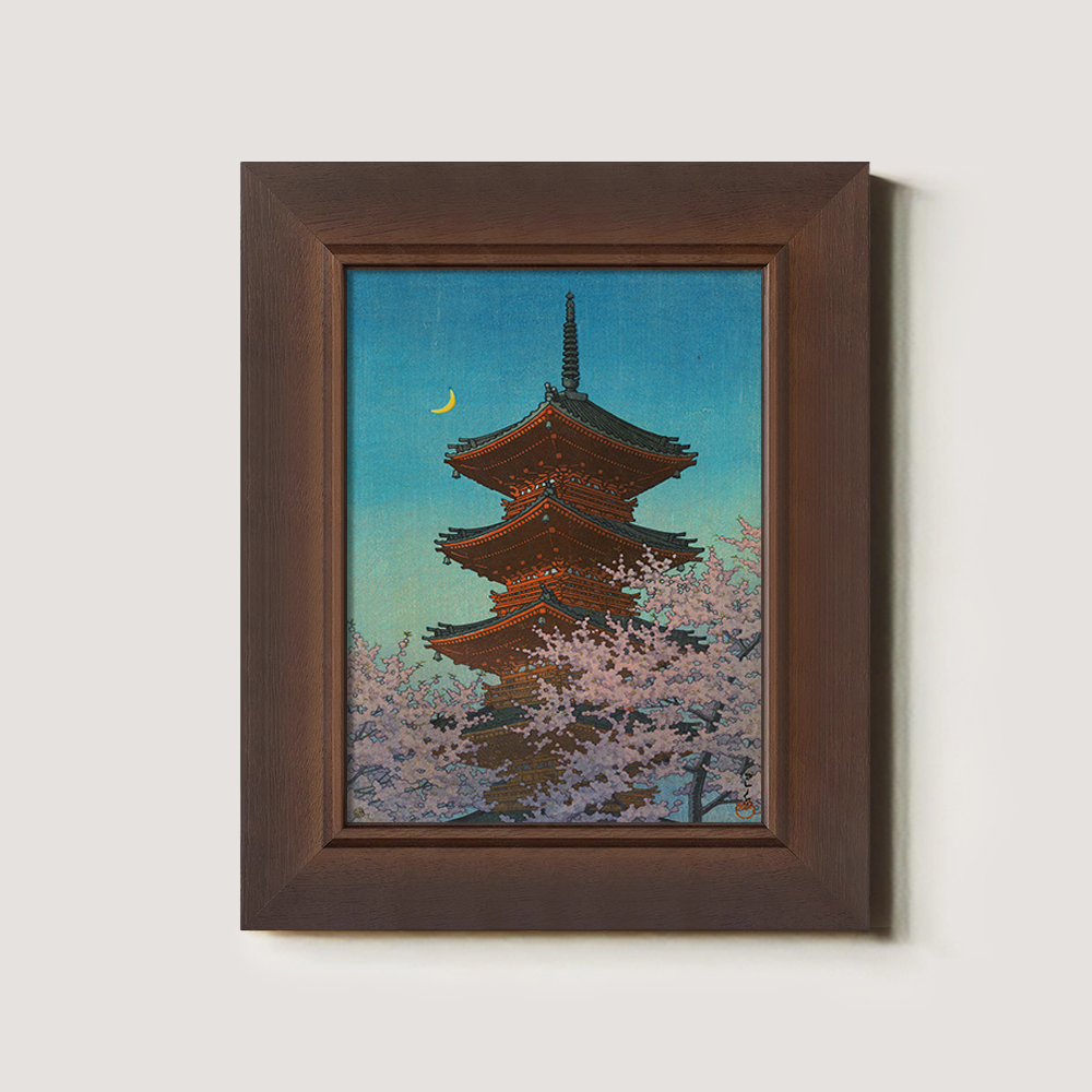 Pagoda under Crescent Moon and Cherry Blossoms