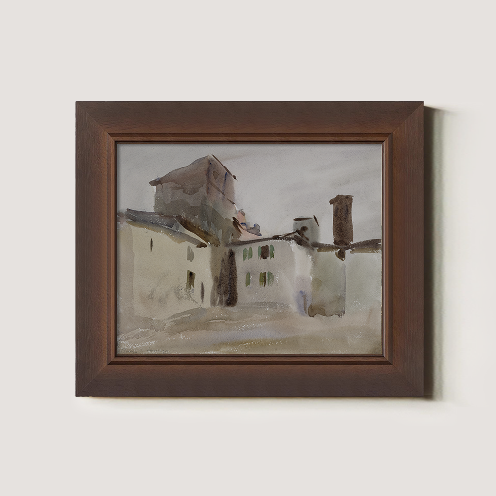 Rustic Tuscan Rooftops Watercolor Vignette