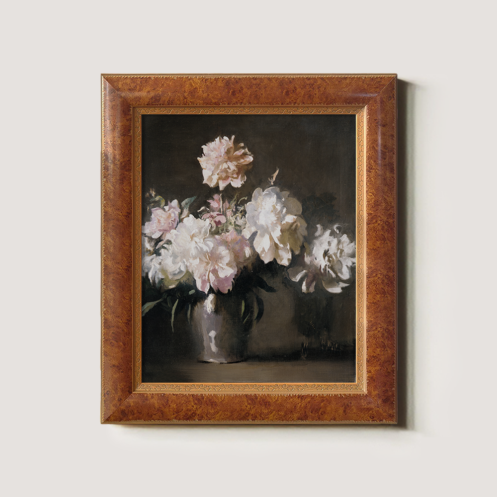 Vintage Still Life Art of White and Pink Peonies